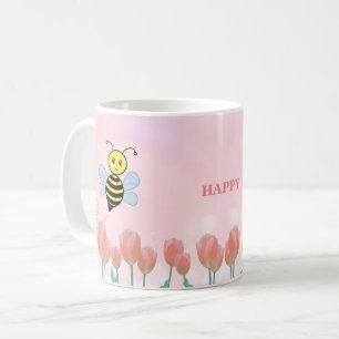 Happy Bees and Pink Tulips Coffee Mug