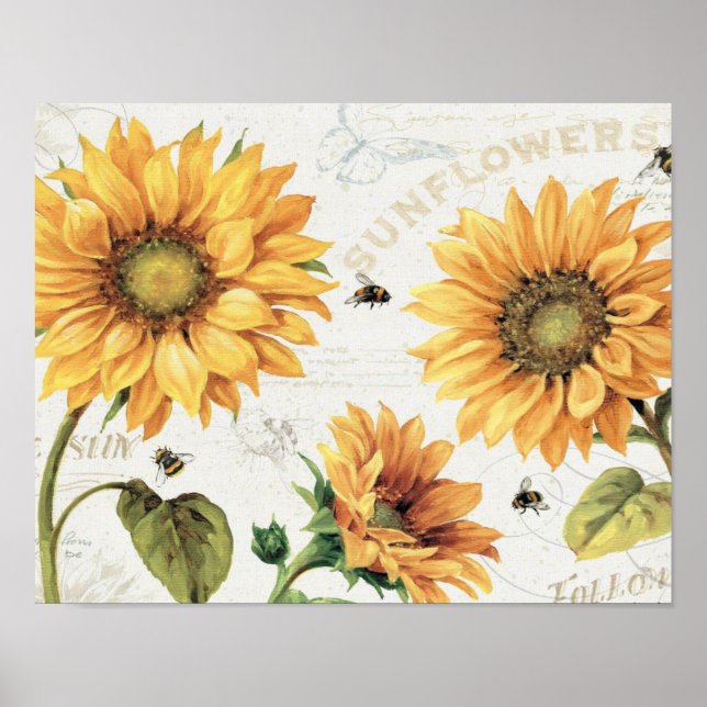 Happy Bees and Yellow Sunflowers Three Poster (Front)