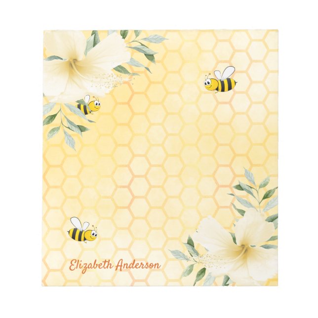 Happy bees honeycomb pattern honey tropical floral notepad (Front)