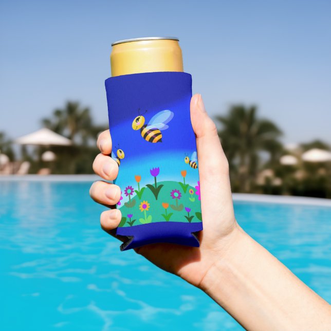 Happy bees in a flower field seltzer can cooler (In Situ Pool)