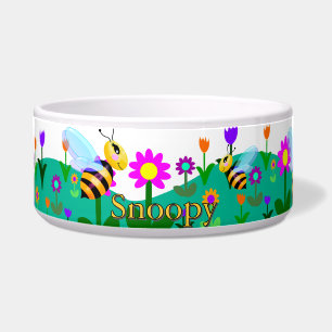 Happy bees in the flowers Ceramic Pet Bowl