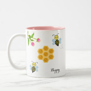 Happy bees, pink flowers and honeycomb Two-Tone coffee mug