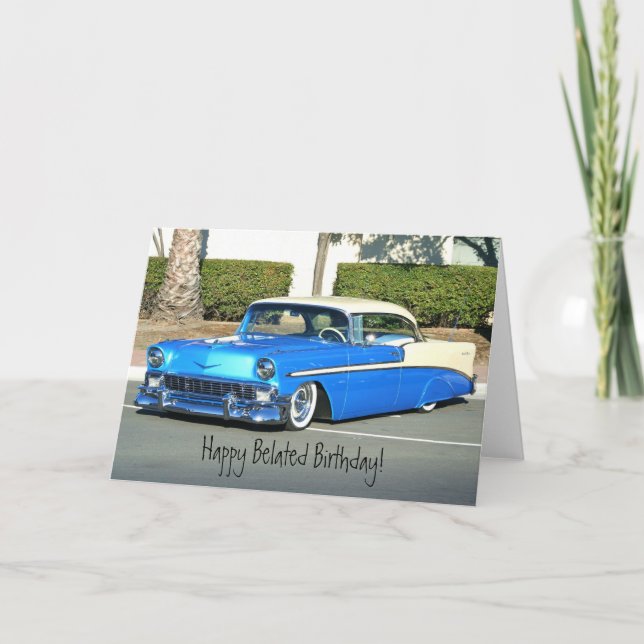 Happy Belated Birthday Classic Blue car  card (Front)