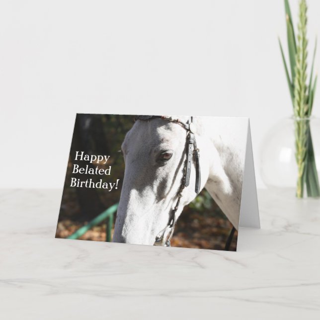 Happy Belated Birthday White Horse Greeting Card (Front)