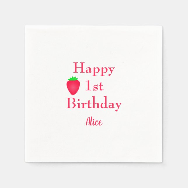 Happy Berry First Strawberry 1st Birthday 2024 Napkin (Front)