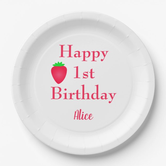 Happy Berry First Strawberry 1st Birthday Girly Paper Plate (Front)