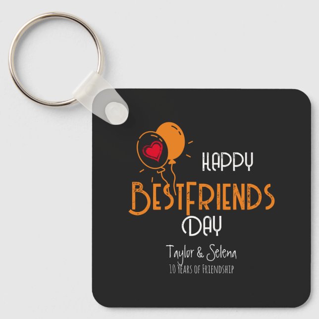 Happy Best Friends Day with Heart Balloons & Names Key Ring (Front)