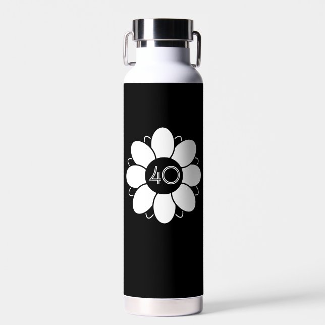 Happy Big 40 Birthday Floral Design Pattern Black Water Bottle (Front)