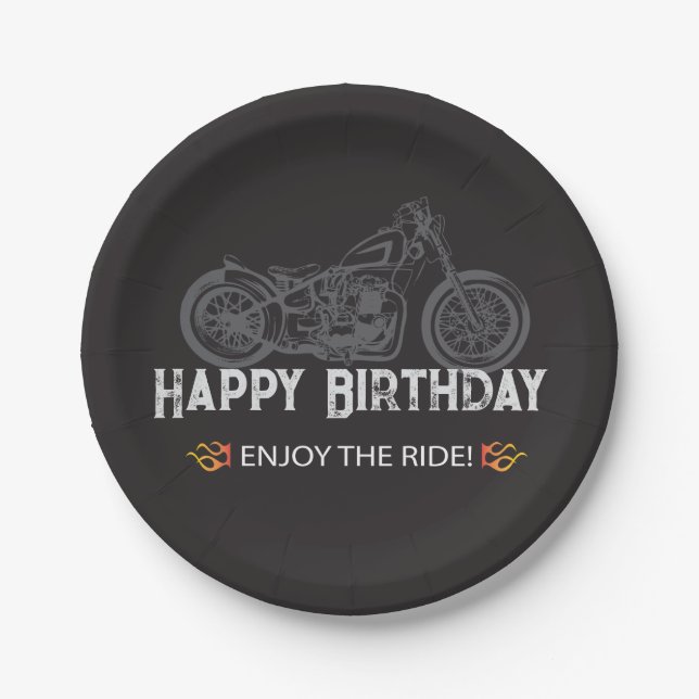 Happy Biker Birthday Motorcycle Rider Paper Plate (Front)