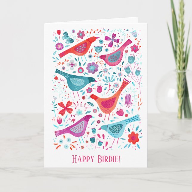 Happy Birdie Watercolor Bird & Flower Birthday Card (Front)