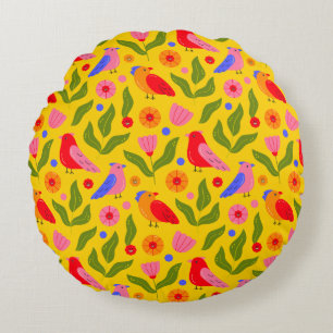 Happy Birds Flock Together Cheerful  Round Cushion