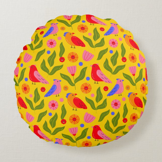 Happy Birds Flock Together Cheerful  Round Cushion (Front)