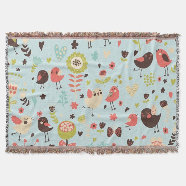 Happy Birds in Fields of Flowers Throw Blanket (Front)