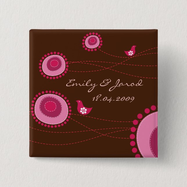 Happy Birds Pink Dots Cute Flowers Wedding Button (Front)