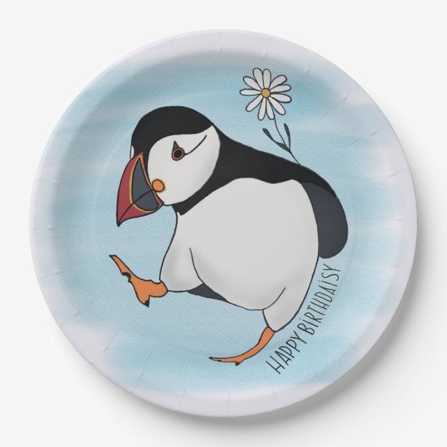 Happy Birthdaisy, birthday puffin Paper Plate (Front)