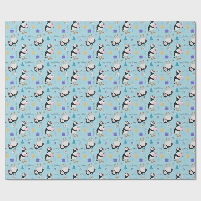 Happy Birthdaisy (birthday) puffin Wrapping Paper (Flat)