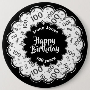 Happy Birthday, 100th Black/White Number Pattern 6 Cm Round Badge
