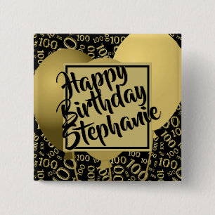 Happy Birthday 100th Number Pattern Black/Gold 15 Cm Square Badge