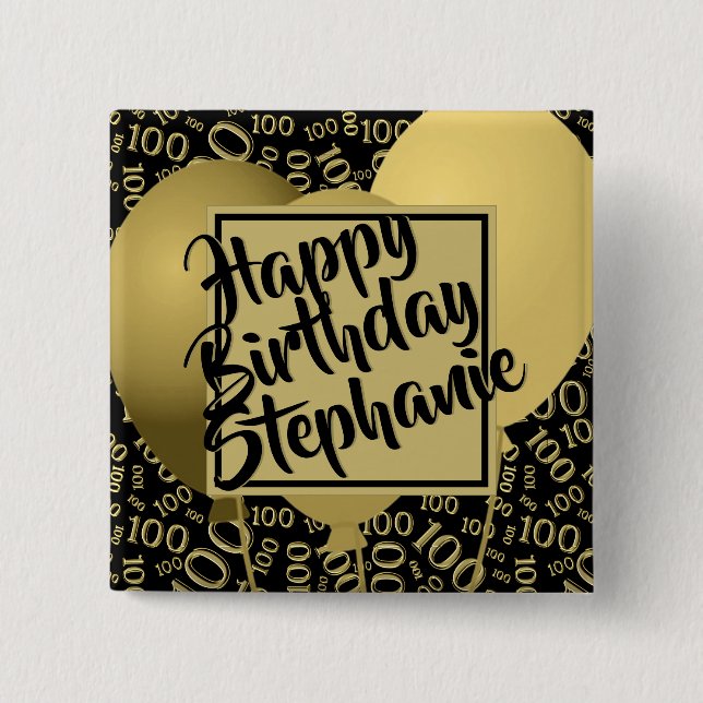 Happy Birthday 100th Number Pattern Black/Gold 15 Cm Square Badge (Front)