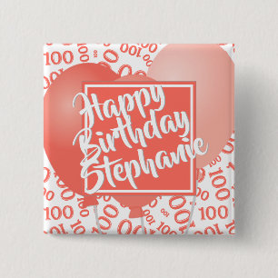 Happy Birthday 100th Number Pattern Coral/White 15 Cm Square Badge