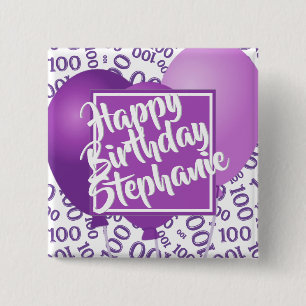 Happy Birthday 100th Number Pattern Purple/White 15 Cm Square Badge