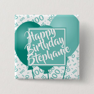 Happy Birthday 100th Number Pattern Teal/White 15 Cm Square Badge