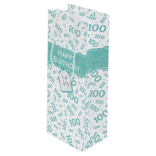 Happy Birthday 100th Teal Number Pattern Wine Gift Bag