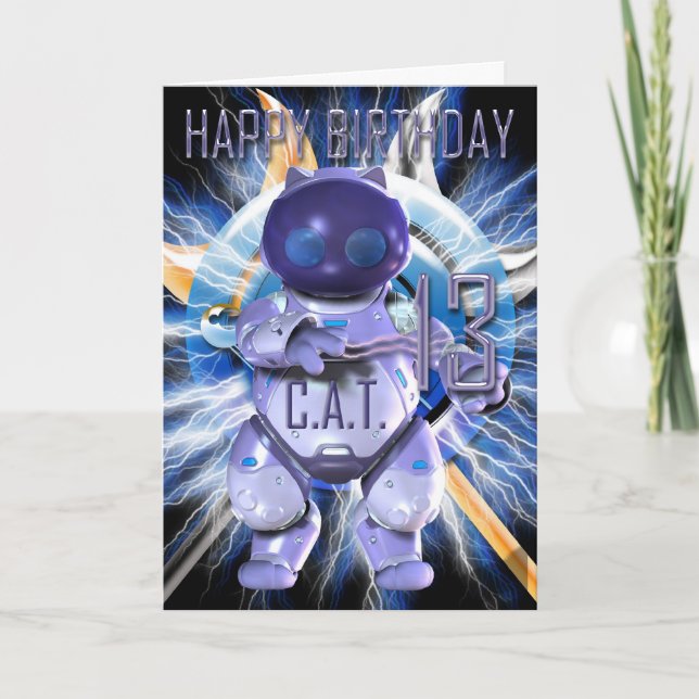 Happy Birthday 13th, Robot Cat, Techno Modern Card (Front)