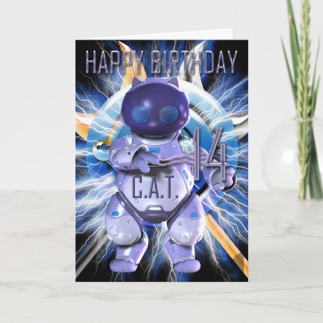 Happy Birthday 14th, Robot Cat, Techno Modern Card (Front)