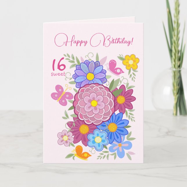 Happy Birthday! 16 Sweet Flowers and Birds Invitation (Front)