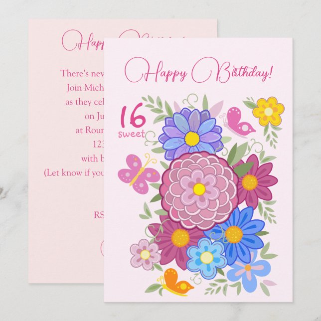 Happy Birthday! 16 Sweet Flowers and Birds Invitation (Front/Back)