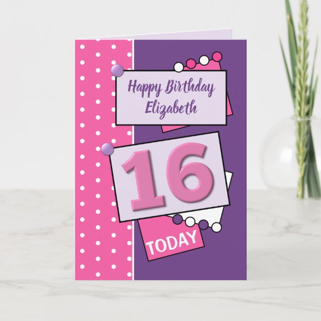 Happy Birthday 16 today purple and pink Card (Front)