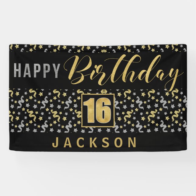 Happy Birthday 16 with Name Black and Gold Banner (Horizontal)