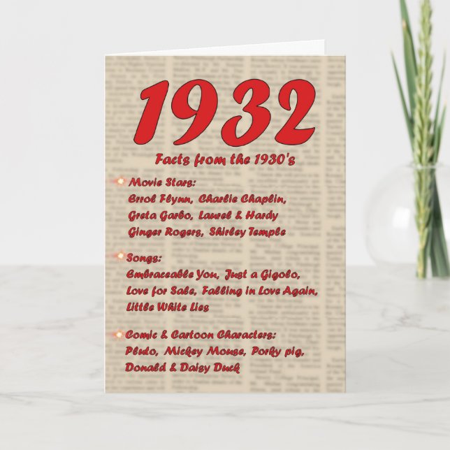 Happy Birthday 1932 Year of Birth 30's 30s thirtie Card (Front)