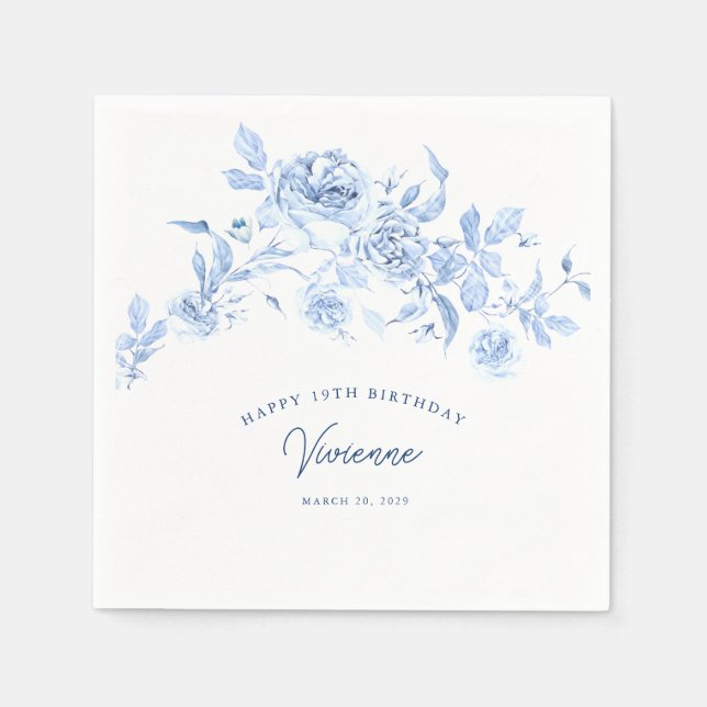 Happy Birthday 19th Blue Rose Floral Custom Napkin (Front)