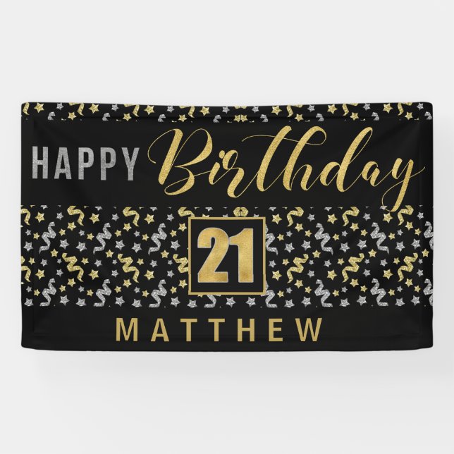 Happy Birthday 21 with Name Black and Gold Banner (Horizontal)