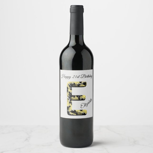 Happy Birthday 21st Elegant Letter E Monogram Wine Label (Front)