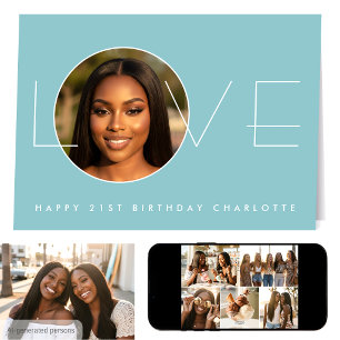 Happy Birthday 21st Photo Love Elegant Blue Card