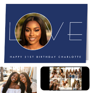 Happy Birthday 21st Photo Love Elegant Navy Blue Card