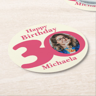 Happy birthday 30 name and photo paper coasters