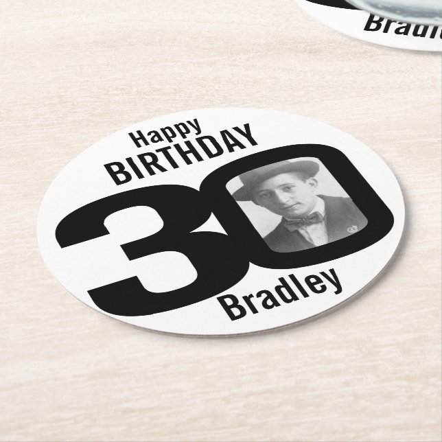 Happy birthday 30 name and photo paper coasters (Angled)