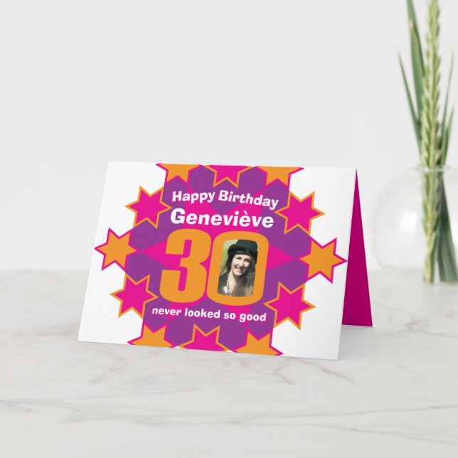 Happy birthday 30 pink stars custom name photo card (Front)