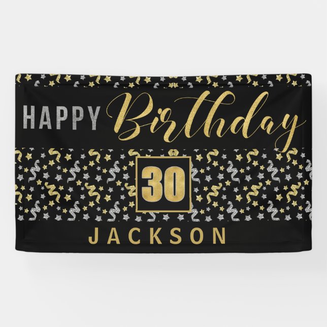 Happy Birthday 30 with Name Black and Gold Banner (Horizontal)