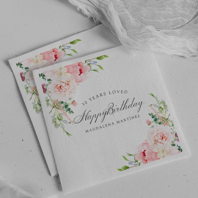 Happy Birthday 30 Years Loved Pink Floral Custom Napkin (Creator Uploaded)
