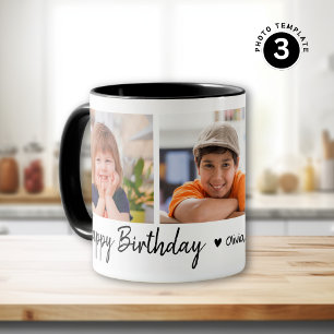 Happy Birthday 3 Photo Collage Black And White Mug