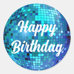 happy birthday 3d blue disco ball classic round sticker