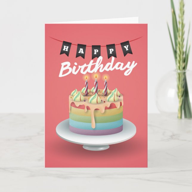 Happy Birthday 3D cake black bunting Card (Front)