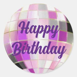happy birthday 3d colourful disco ball purple classic round sticker