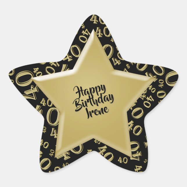 Happy Birthday: 40 Number Pattern Gold and Black Star Sticker (Front)