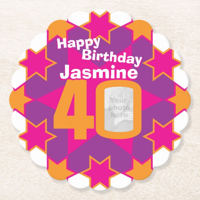 Happy birthday 40th name and photo paper coasters (Front)